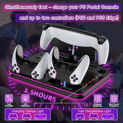 Charging Dock and Cooling Stand Compatible with PS5/PS5 Slim/PS5 Pro, DualSense & Edge Controller Charger, PS Portal Charging Station with LED Lights, Headset Holder（Black） - color: Black