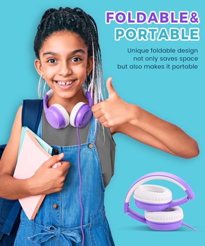UKELALA C3 Kids Headphones Wired, On-Ear Wired Head Phones for Boys Girls with 3.5mm Jack, Foldable, Adjustable Headband, Child Headphone for School Home Airplane Tablet Purple - color: Purple
