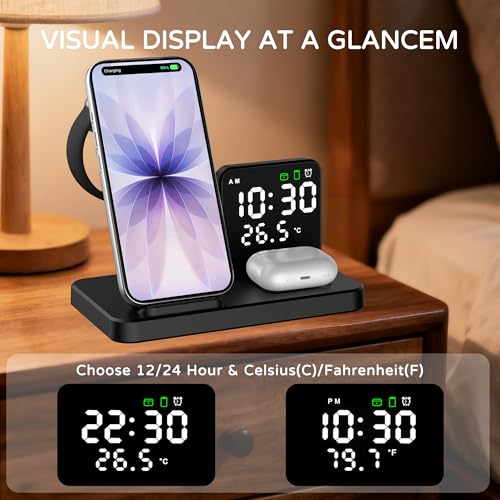 5 in 1 Wireless Charging Station with Alarm Clock Pen Holder, Fast Wireless Charger for iPhone 17/16/15/14/13/12/Pro/Max/Air, for iWatch & AirPods, Charger Stand with Temperature, Snooze Model White - color: WHITE