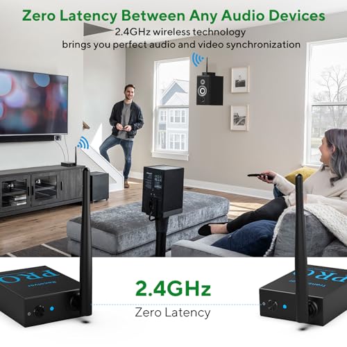 1Mii 2.4GHz Wireless Audio Transmitter and Receiver (1 TX+1 RX), HiFi Audio | 20ms Low Latency, 328ft Long Range Wireless Kit for Powered Speaker/Stereo/Soundbar, Optical/Coaxial/3.5mm(RCA) Ports