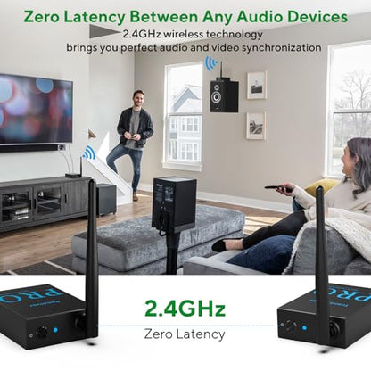 1Mii 2.4GHz Wireless Audio Transmitter and Receiver (1 TX+1 RX), HiFi Audio | 20ms Low Latency, 328ft Long Range Wireless Kit for Powered Speaker/Stereo/Soundbar, Optical/Coaxial/3.5mm(RCA) Ports