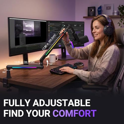 FIFINE BM88Pro RGB Low Profile Microphone Boom Arm for Gaming Streaming | Adjustable Mic Stand, Controllable RGB, Desk Mount Clamp, Cable Management, Screw Adapter - color: black