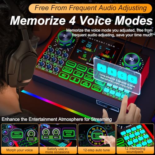 Tenlamp G9 Live Sound Card — Game audio mixer with built-in audio interface, compatible with smartphones and computers. Soundboard designed for live streaming and content creation.