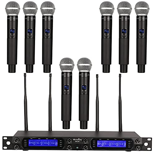 MicrocKing 8-Channel UHF Wireless Microphone System, 8 Mics, 400ft Range | Ideal for karaoke, church, conference & events. 8 dynamic metal handheld mics, 400ft range. Auto connect for easy setup. - style: 8 Handheld mics