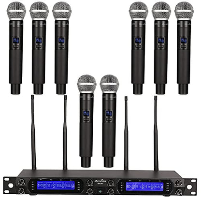 MicrocKing 8-Channel UHF Wireless Microphone System, 8 Mics, 400ft Range | Ideal for karaoke, church, conference & events. 8 dynamic metal handheld mics, 400ft range. Auto connect for easy setup. - style: 8 Handheld mics