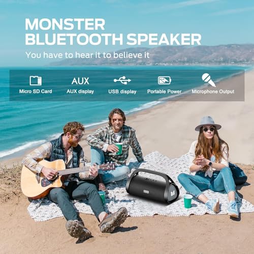 Monster Adventurer Max Boombox Bluetooth Speaker, IPX7 Waterproof Outdoor Speakers with Double Subwoofer, 100W Stereo Sound and Rich Bass, Wireless Speakers for Home, Party, Beach