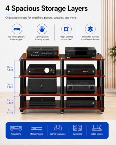 4 Tier Heavy Duty AV Media Stand, Stereo Stands and Racks, Teak | Audio Tower HIFI Rack Stereo Shelf 352 lb Load Capacity, vibration-dampening feet, open ventilation, Built for Hi-Fi systems - color: Teak, size: 4 tier