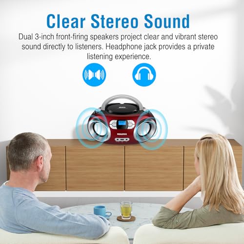MEGATEK Portable CD Player Boombox with Bluetooth & FM Radio – Cherry Red | USB Playback, Clear Stereo Sound, AUX Input, Headphone Jack, CD-R/RW & MP3-CD Support, LCD Display, AC/Battery Powered - color: Cherry Red