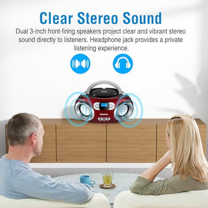 MEGATEK Portable CD Player Boombox with Bluetooth & FM Radio – Cherry Red | USB Playback, Clear Stereo Sound, AUX Input, Headphone Jack, CD-R/RW & MP3-CD Support, LCD Display, AC/Battery Powered - color: Cherry Red