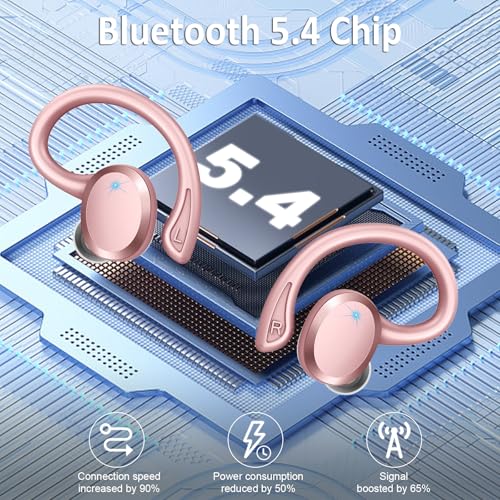 Wireless Earbuds Sport, Bluetooth 5.4 Headphones Bass Hi-Fi Stereo Over Ear Buds, 56Hrs CFZNoise Cancelling Headset with Earhook, IP-X7 Waterproof Earphones Workout Running for Laptop Pad Android iOS - color: Deep Rose Gold