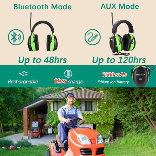 PROHEAR 033 Upgraded 5.4 Bluetooth Hearing Protection AM FM Radio Headphones, Noise Reduction Safety Earmuffs with Rechargeable 1500mAH Battery, 31dB SNR Ear Protector for Mowing Lawn,Gifts for Father - color: Green
