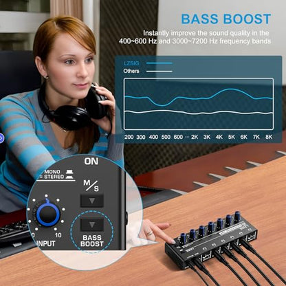 LZSIG Headphone Amplifier with Bass Boost, 6 Channel, 1 IN 6 OUT, DC 12V | Metal Stereo Audio Amplifier, Mini Earphone Splitter with Power Adapter, 1/4" & 1/8" TRS Headphones Output & TRS Audio Input - size: Medium(6-channel)