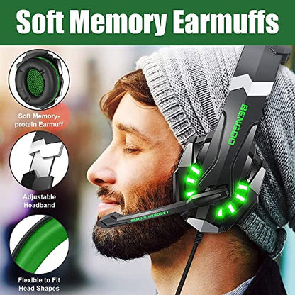 BENGOO G9000 Stereo Gaming Headset for PS4 PC Xbox One PS5 Controller, Noise Cancelling Over Ear Headphones with Mic, LED Light, Bass Surround, Soft Memory Earmuffs for Laptop Mac - Green - color: Green