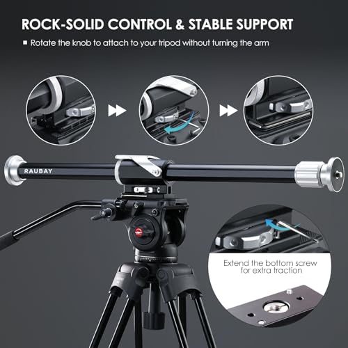 RAUBAY Tripod Extension Arm, Horizontal Boom Arm, 26-40", TE01 | Aluminum overhead tripod arm for top-down photography, with 1/4" and 3/8" mounts for cameras, lights and microphones