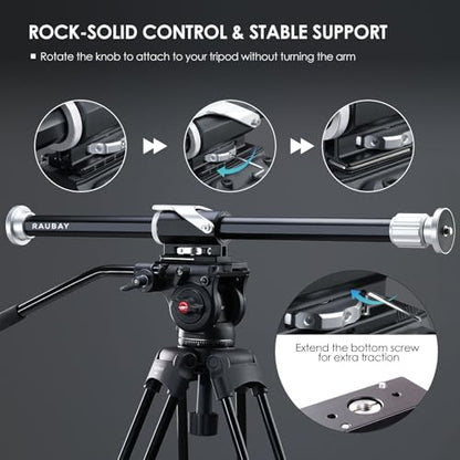 RAUBAY Tripod Extension Arm, Horizontal Boom Arm, 26-40", TE01 | Aluminum overhead tripod arm for top-down photography, with 1/4" and 3/8" mounts for cameras, lights and microphones