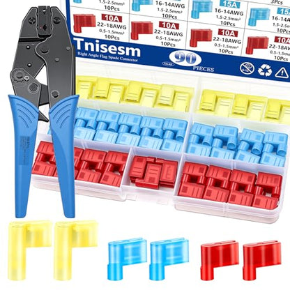 Tnisesm 91 Pcs Right Angle Spade Connectors with Flag Terminal Crimper 22-18/16-14/12-10AWG Quick Disconnect Flag Connector with Electrical Crimping Tool for Right Angle Spade Connector - style: 90Pcs Angle Spade Connectors