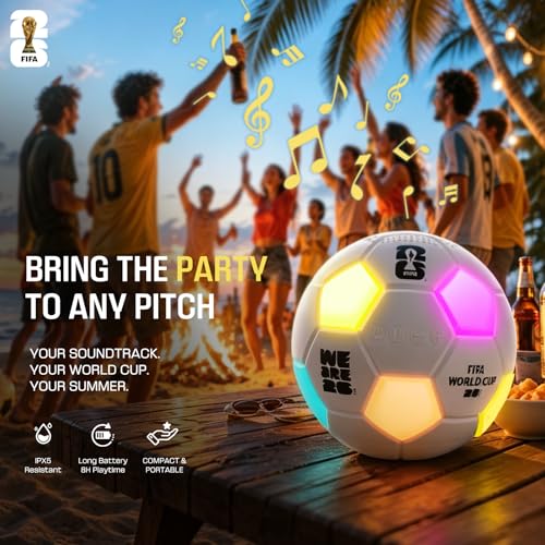 FIFA World Cup 2026 Wireless Bluetooth Speaker - Portable Soccer Ball Shaped Smart Speaker with Dynamic RGB LED, Loud Stereo Sound, Mini Wireless Speaker with TF Card & Lanyard Hole (White)