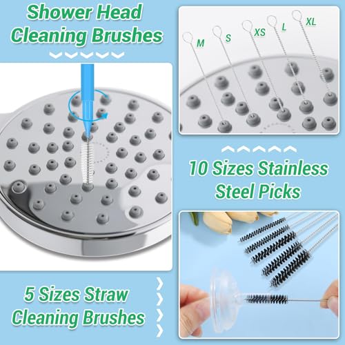 MAPVOLUT 51-in-1 Shower Head Cleaner Kit & Straw Cleaning Brushes Set - Unclog Nozzles, Holes, Stanley Cups, Sippy Bottles, Printers, Faucets - 35 Brushes, 10 Steel Picks, 5 Straw Brushes (3 Colors) - color: Orange+green+blue