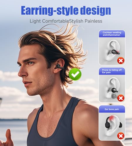 King Lucky i21 Open Ear Clip On Earbuds Wireless Bluetooth Ear Clip Headphones with Mic,Noise Cancelling, Waterproof IPX4,for Small Ears,Perfect for Running,Sports,Glasses Wearers (Black) - color: Black