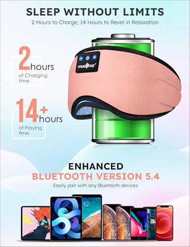 MUSICOZY Sleep Headphones Bluetooth 5.4 Sleep Eye Mask with HD Speakers | Soft Cotton Fabric, Flat Design, 14 Hours Playtime, Washable Headband Style for Side Sleepers, Travel Meditation Relaxation - color: Pink