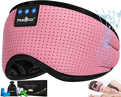 MUSICOZY Sleep Headphones Bluetooth 5.4 Sleep Mask with HD Sound | Breathable Flat Design with Cooling Lining, Washable Headband, 14 Hours Playtime for Travel Meditation Relaxation Gifts - color: Rose Pink