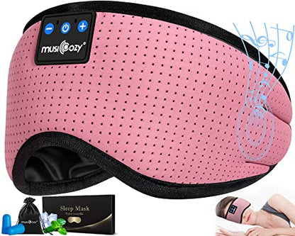 MUSICOZY Sleep Headphones Bluetooth 5.4 Sleep Mask with HD Sound | Breathable Flat Design with Cooling Lining, Washable Headband, 14 Hours Playtime for Travel Meditation Relaxation Gifts - color: Rose Pink