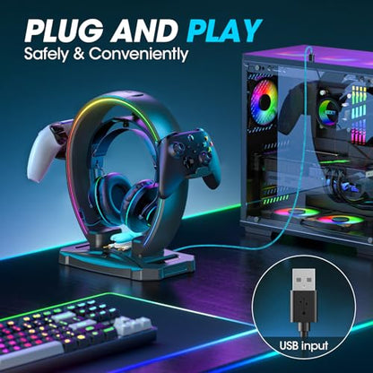 KDD RGB Headphone & Controller Stand with 9 Light Modes - Foldable Controller Hanger for Desk - Earphone Stand with Cable Organizer - for Gamers Desktop Accessories