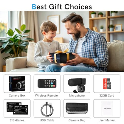 4K Video Camera Camcorder 3.0" Touch Screen Vlogging Camera for YouTube 18X Digital Zoom with External Stereo Microphone, Remote Control, 32G Card &2 Batteries