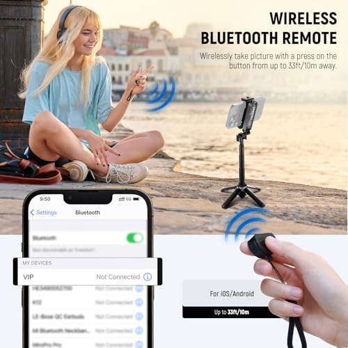 NEEWER Selfie Stick Tripod for iPhone, Lightweight Foldable Mini Travel 360° Desk Stand with Cell Phone Holder Cold Shoe for Video Recording Vlog Streaming, Remote Shutter & Cleaning Cloth, P15 Black