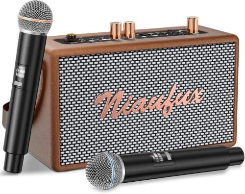 Karaoke Machine, Retro-Design Speaker with 2 Wireless Microphones for Adults & Kids, Portable Karaoke System for Home Party, Bluetooth/AUX/USB/TF/TWS Support, Gifts for Women & Girls - Brown - style: Brown