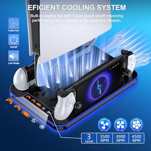 FYOUNG All in One Cooling Stand & Charger Station for PS5/Slim/Pro Console and Controller Charing Dock, Charging Stand for PlayStation Portal, Headset and Remote Holder with RGB Light Stand (Black) - color: Black
