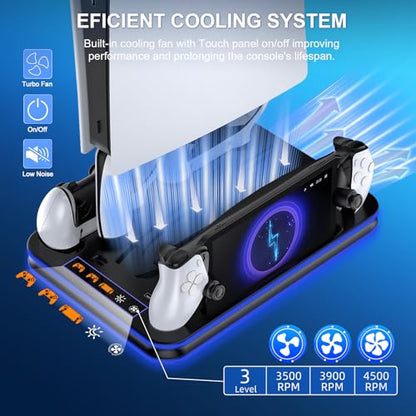 FYOUNG All in One Cooling Stand & Charger Station for PS5/Slim/Pro Console and Controller Charing Dock, Charging Stand for PlayStation Portal, Headset and Remote Holder with RGB Light Stand (Black) - color: Black