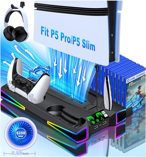 PS5 Stand Cooling Station for PS5/PS5 Slim Console, PS5 Accessories Vertical Stand with 2.36in Large P5 Fan Cooling Fan, Colorful Light, Dual Controller Charger, Headset Holder, 3 Charger Port-Black - color: Black