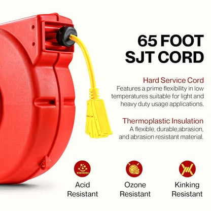 ReelWorks Extension Cord Reel Retractable 12AWG x 65' Foot | 3C/SJT Heavy Duty Commercial Cable Triple Tap Connector Power 15A 125VAC 1875W