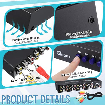 8 Way AV Switch, RCA Switcher with 4 FT RCA Cable, 8 in 1 Out | Composite Video L/R Audio Selector Box, 8 Port AV Selector Switch Plug & Play for DVD STB Console, Yellow/White/Red Connector - size: 8.5 x 3.2, style: 8 in 1 Out