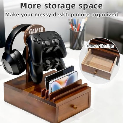 Gamer Controller Holder Headphone Stand with Storage Drawer for Gaming Equipment,Wood Gamer Gifts for Teenage Boy,Headpset Stand Gaming Desk Accessories for Fathers Day Men,Son,Husband