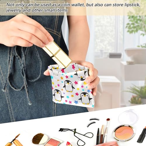 Leather Waterproof Portable No Zipper Purse, Coin Pocket Pouch Change Holder, Small Storage Bag for Men Women Headset Credit Card ID Key Lipstick, (Cute Penguins)
