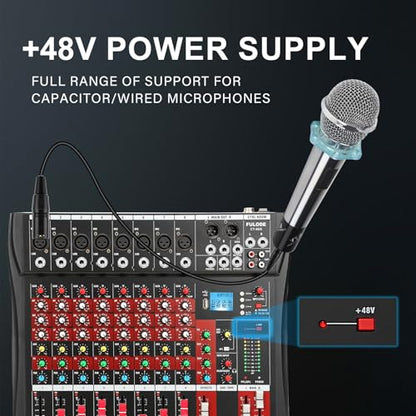 FULUODE Audio Mixer 8 Channel, CT-80S Professional Sound System Mixer Board DJ Mixing Console with Reverb MP3 Player Bluetooth 48V Phantom Power Supply USB Recording for Studio Karaoke Live Music