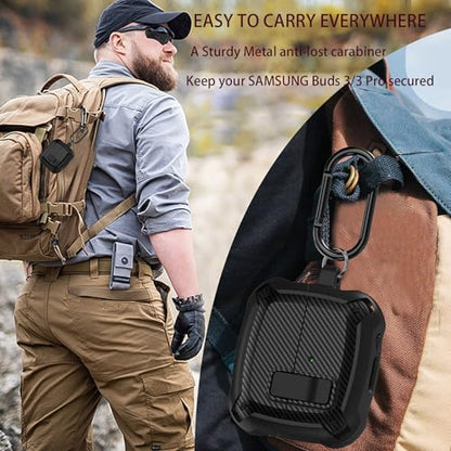 Compatible Samsung Galaxy Buds 3 Pro Case/Bud3 Cover Lock Clip for Men, Military Shell Galaxy Buds Pro 3/ Bud 3 Protective Armor Skin with with Cleaner Kit & Carabiner, Black - color: Black