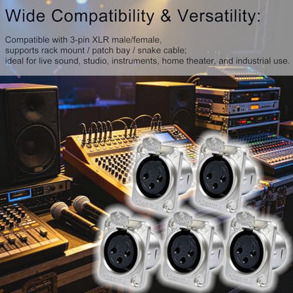 RIVIERA XLR Panel Mount Chassis 3pin Male & Female Nickel Plated Metal Housing and Silver Chrome-Plated Contacts (5 Female Silver) - color: Silver, size: Female
