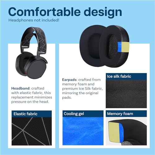 Ear Pads & Headband Replacement for SteelSeries Arctis 7/9 / Pro & Prime Wireless Gaming Headset etc. by MMOBIEL - Cooling Gel Ear Pad Cushions & Elastic Fabric Headband Top Pad Cushion - size: Cooling Gel
