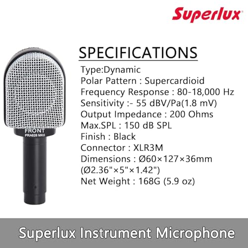 Superlux PRA628MKII Professional Dynamic Instrument Microphone, Wired Super-Cardioid Mic for Guitar/Bass Amps & Live Sound. Recording for Studio and Live Performance, Road-Ready with Clamp & Bag