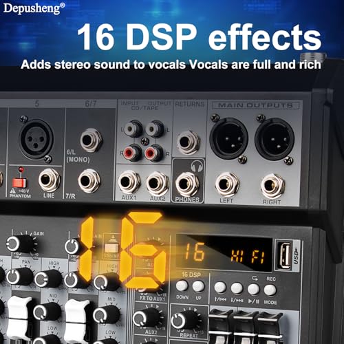 Depusheng Professional Audio Mixer, 7 Channel Audio Interface Sound Board Mixing Console System, 16-Bit DSP DJ Bluetooth Mixer +48V Phantom Effect For Karaoke Studio Streaming Recording (XT7)