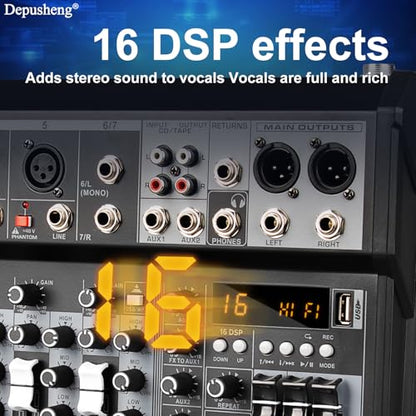 Depusheng Professional Audio Mixer, 7 Channel Audio Interface Sound Board Mixing Console System, 16-Bit DSP DJ Bluetooth Mixer +48V Phantom Effect For Karaoke Studio Streaming Recording (XT7)