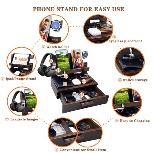 VEIYAILU Gifts for Men Women Him Husband Son Boyfriend Birthday Nightstand Organizer Wood Phone Docking Station Birthday Gifts (Deep Walnut) - color: Deep Walnut