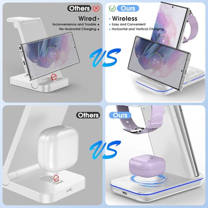 Wireless Charging Station for Samsung/Android, Fast Wireless Watch Charger Station Compatible for Samsung Galaxy S26 Ultra/S25/S24+/Z Flip 7/6 Fold 7/6, Watch8/7/Pro/Active 2 Galaxy Buds3/2 Pro(White) - color: White