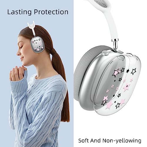 Silicone Case for AirPods Max Headphones, Clear Star Soft TPU Ear Cups Cover/Ear Pad Cover/Headband Protection for Apple AirPods Max USB-C/Lightning (2024/2020) (Pink Stars)