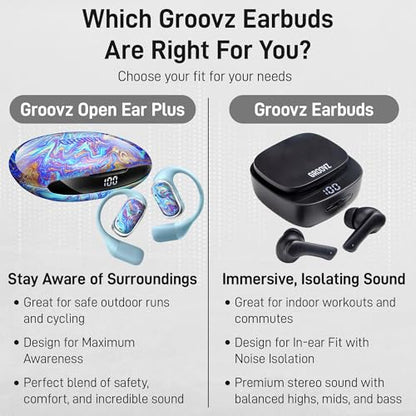 Groovz Open-Ear Plus True Wireless Headphones with Battery Display - Designed & Engineered in the USA - Multi-Point Pairing Bluetooth Open Ear Earbuds Compatible with Apple & Android - Oil Slick - color: Oil Slick