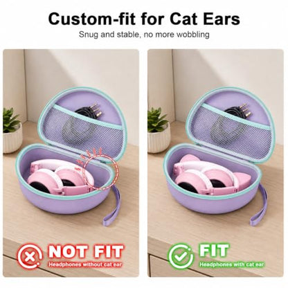 Headphone Case for Riwbox CT-7 Pink/for Jack CT-7S Cat Green 3.5mm/ for iClever IC-HS01/for Picun/for FosPower Bluetooth Wireless Over-Ear Headphones Headset Box Only,Purple | Headphone case for kids, hard EVA shell, mesh pocket, fits cat-ear over-ear mod