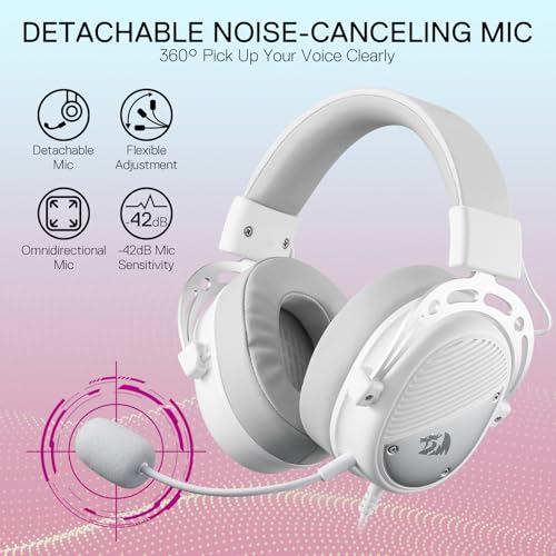 Redragon H730 USB Wired Gaming Headset - 53mm Drivers, 360° Spatial Sound, Detachable Noise-Canceling Microphone, Magnetic Replaceable Ear Cushions, Over-Ear Headphones Works for PC/PS4, White - color: White